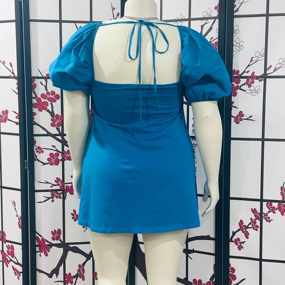 Blue Puff Sleeve Women's Top - Picture 3 of 5